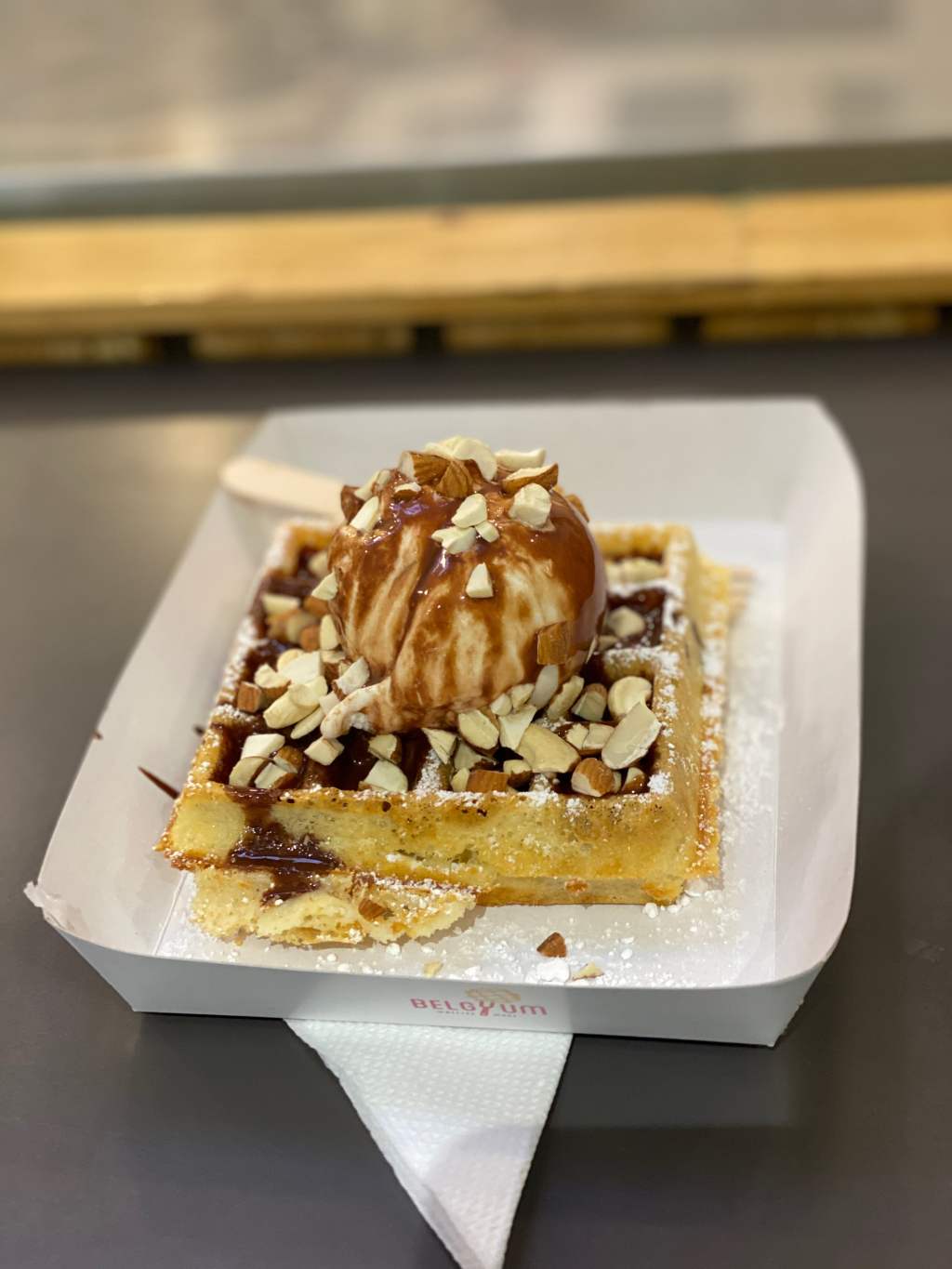 Waffles with Icecream, nuts and chocolate&nbsp;sauce